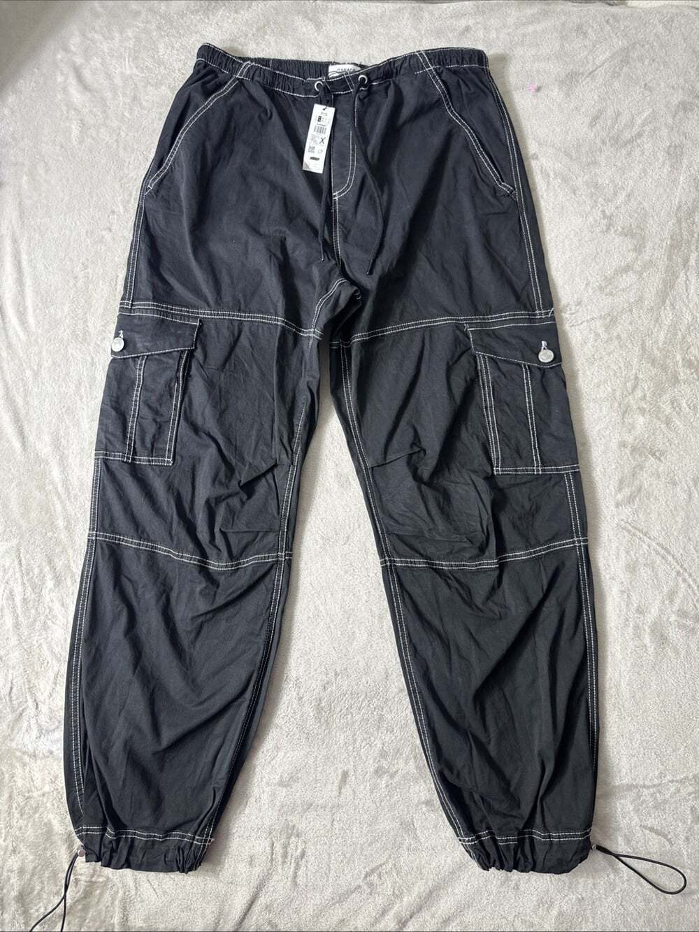 Garage Womens Small Black Parachute Cargo Pants White Contrast Stitch Y2K